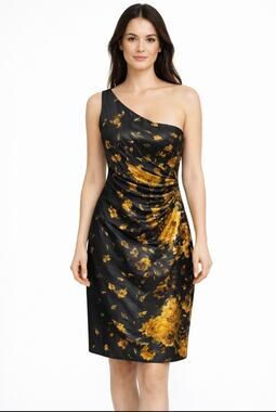 Maggy London Dress One-Shoulder Black & Gold Floral Cocktail Size 6 Formal